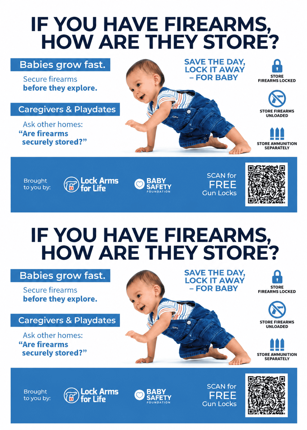 Baby firearm safety card with secure storage guidance and QR code for free gun locks