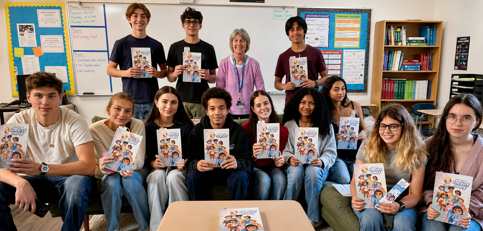 Students and educator holding Save the Day, Lock It Away firearm safety graphic novels