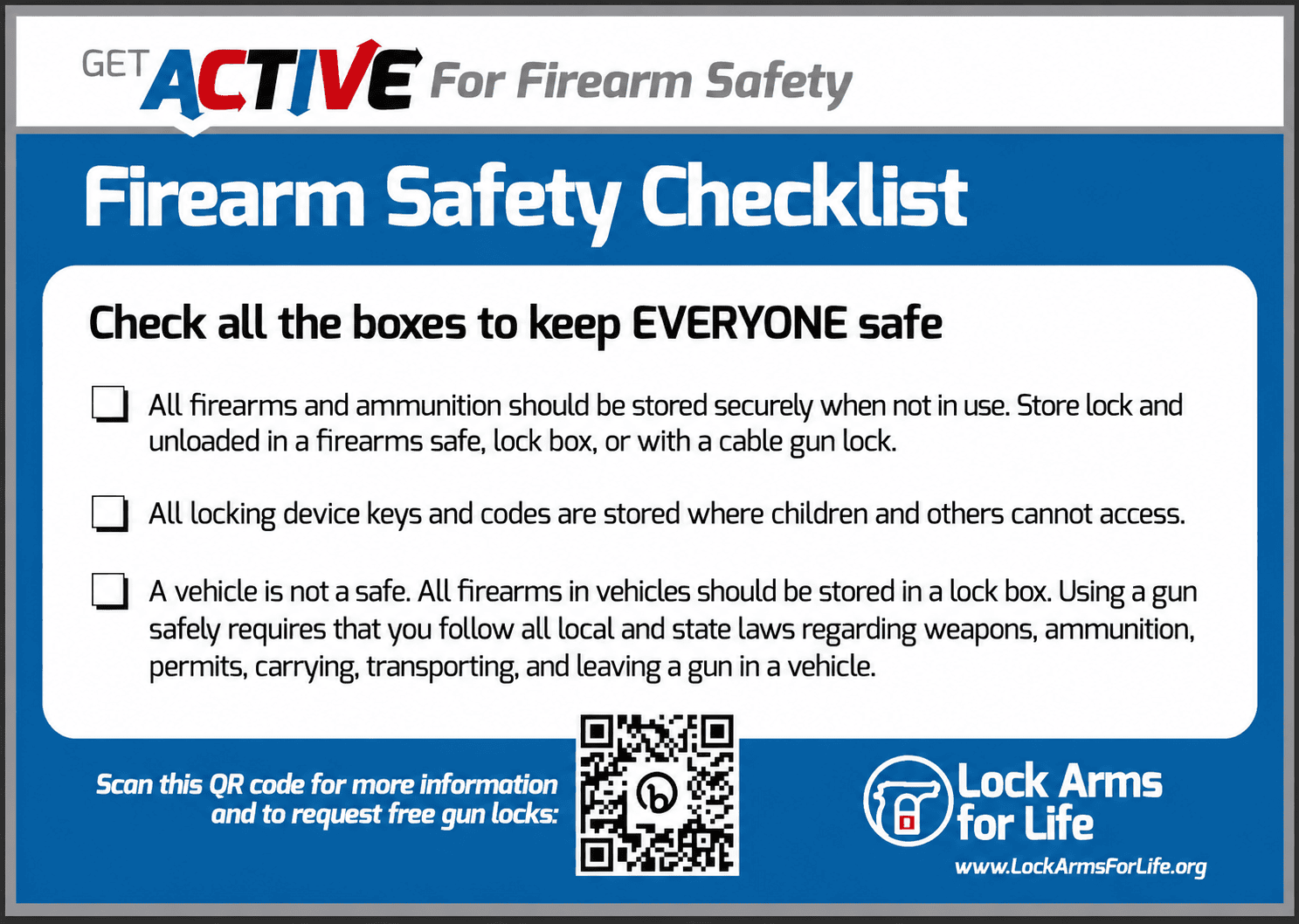 Get ACTIVE firearm safety checklist for secure storage and responsible firearm practices
