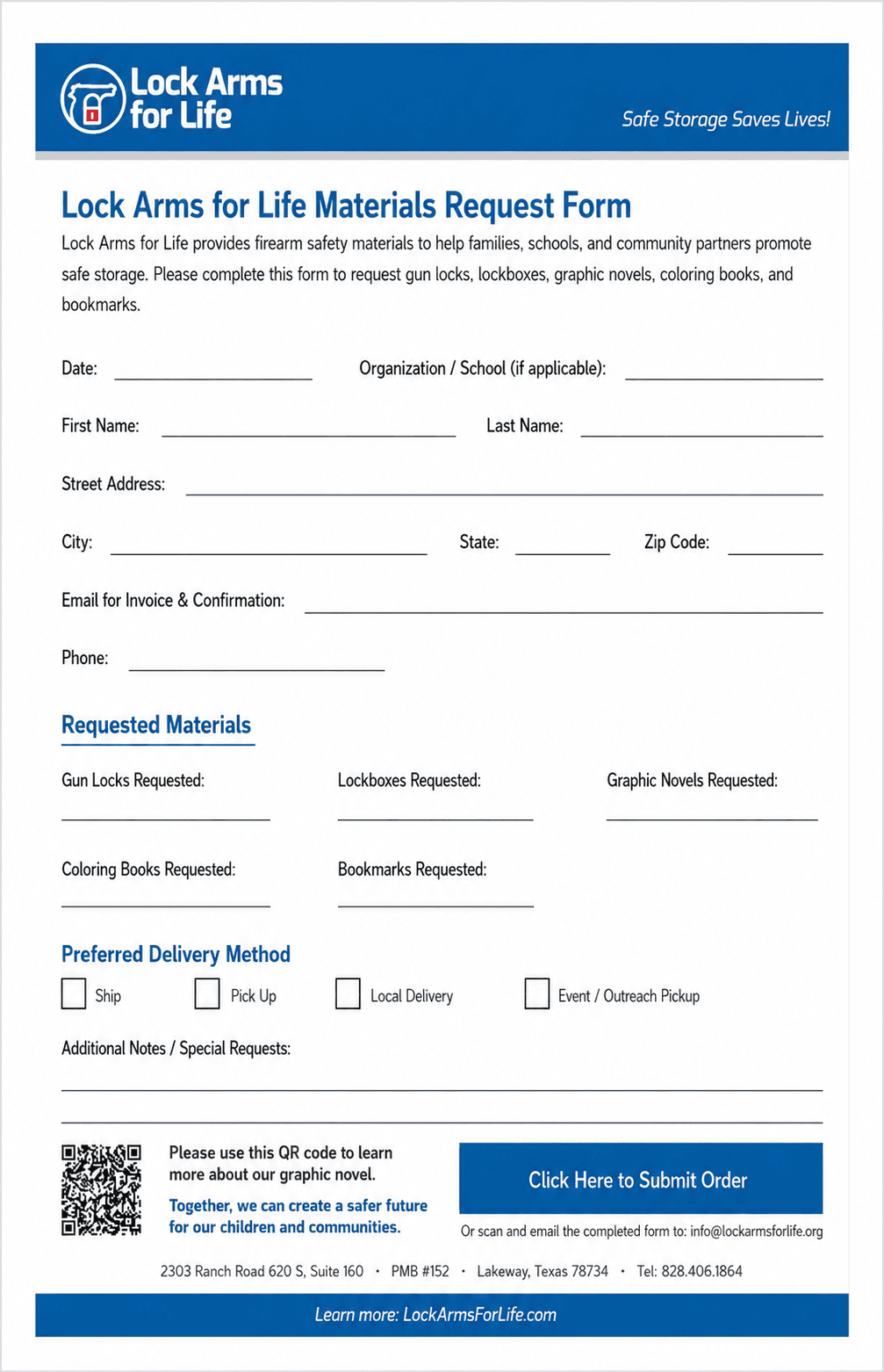 Lock Arms for Life firearm safety materials request form
