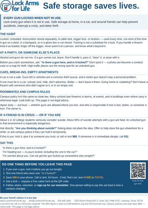 Baby firearm safety card with secure storage guidance and QR code for free gun locks