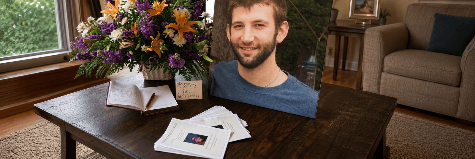 Memorial display honoring Jon Ross with his portrait, flowers, and messages