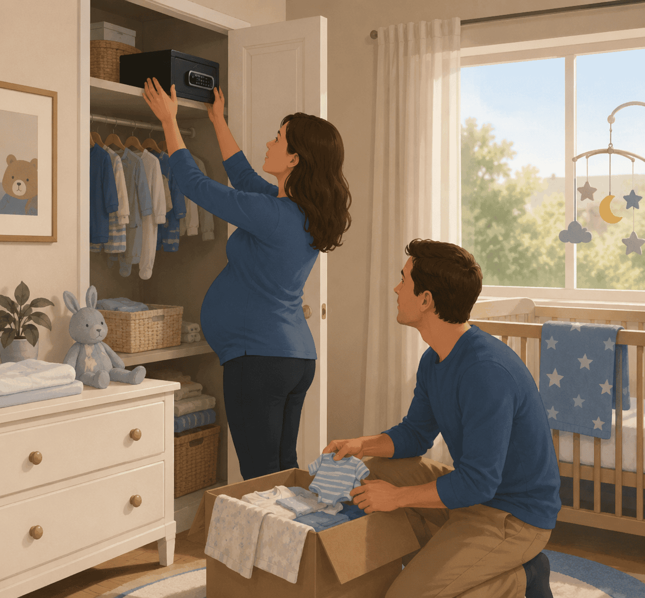Pregnant woman placing a locked firearm safe out of reach in a nursery