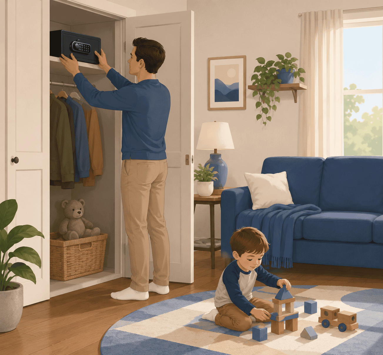 Parent placing a locked firearm safe out of reach of a preschool child