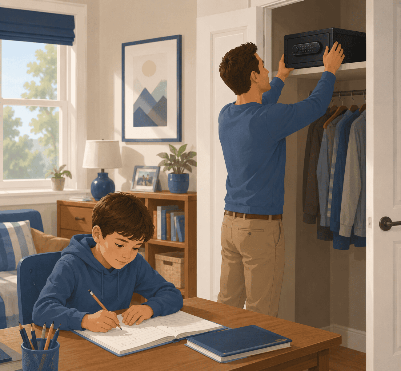 Parent securing a firearm safe while a school-age child studies nearby