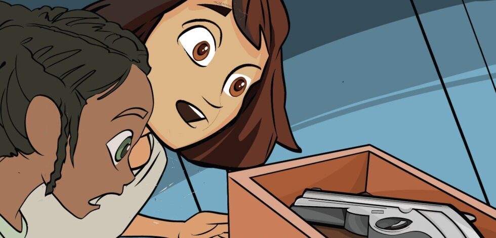 Graphic novel panel showing children discovering an unsecured firearm