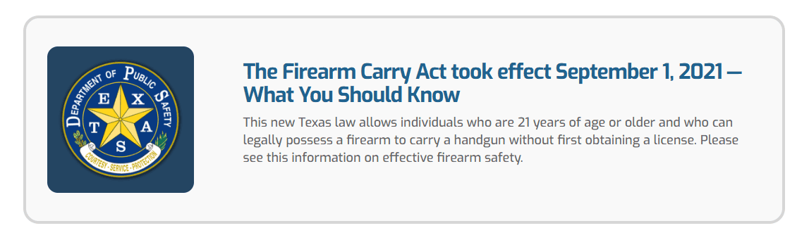 Texas Department of Public Safety information on the 2021 Firearm Carry Act