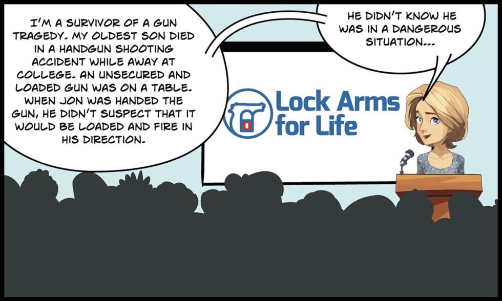 Graphic novel panel explaining how a college firearm tragedy inspired Lock Arms for Life