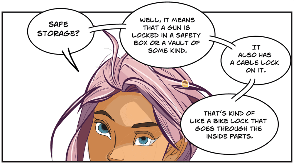 Graphic novel panel explaining locked firearm storage and cable locks